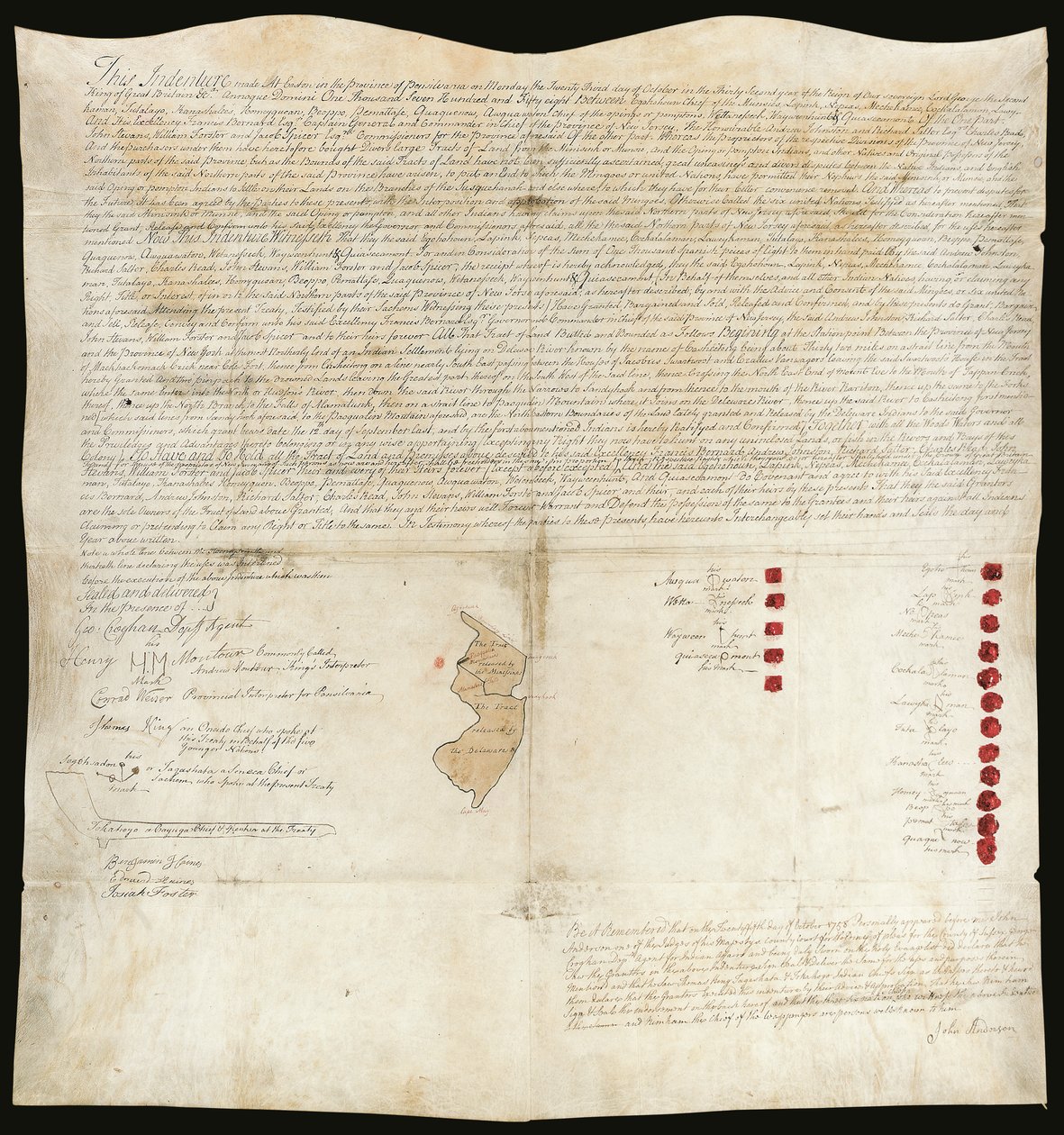 Indiánská smlouva, Eastonská konference, Pensylvánie, 23. října 1758 (pero a tuš s voskem na pergamenu) od American School