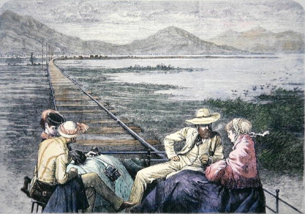 Inspekční vůz na Pacifické železnici, kolem roku 1870 (barevné rytí) od American School