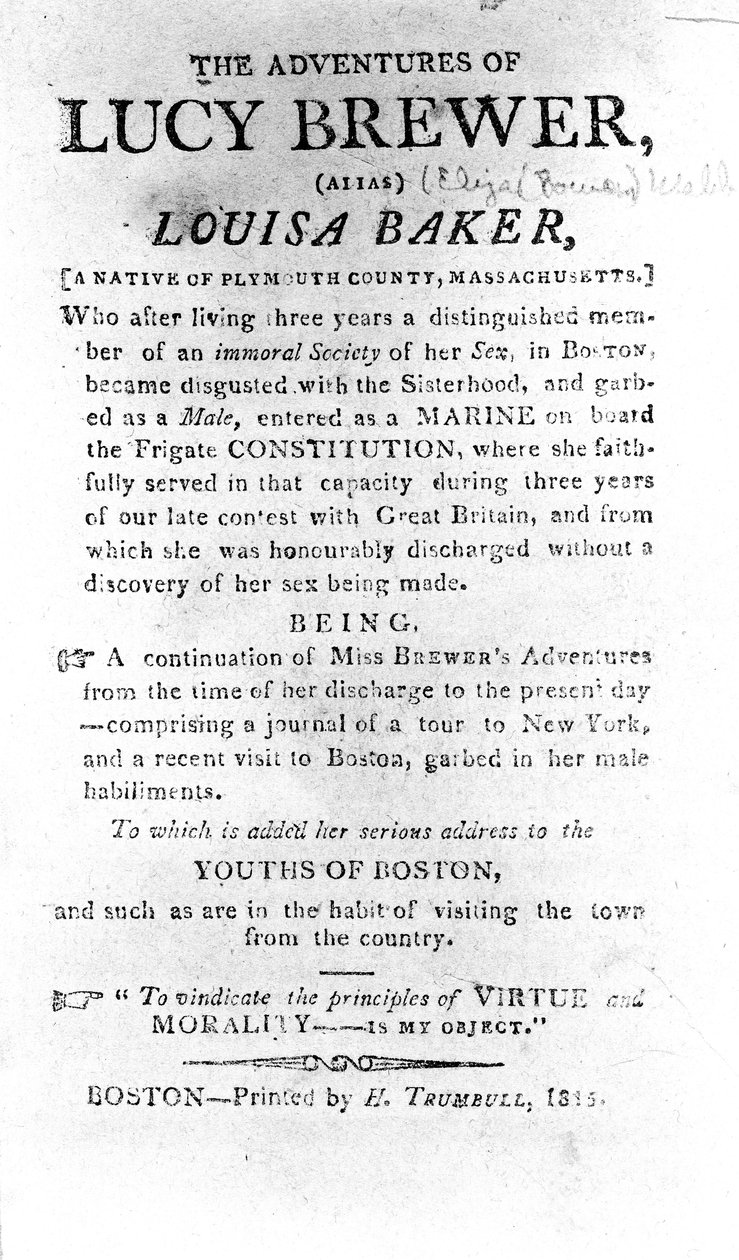 Úvodní strana k knize The Adventures of Lucy Brewer, kterou vytiskl H. Trumbull, Boston, 1815. od American School