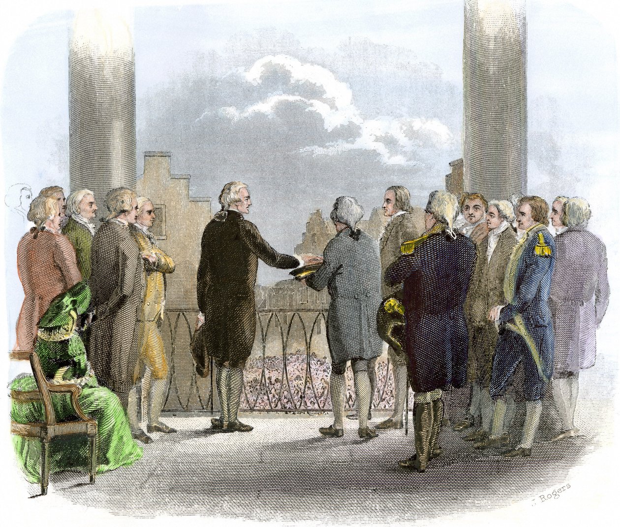Investitura George Washingtona (1732-1799) (barevná rytina) od American School