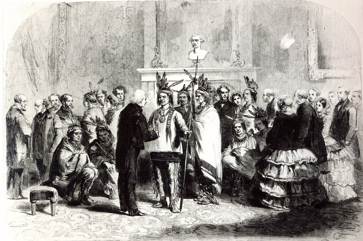 James Buchanan, prezident Spojených států, přiměl nepřátelské kmeny Pawnees a Poncas, aby si potřásly rukou, 1858 od American School
