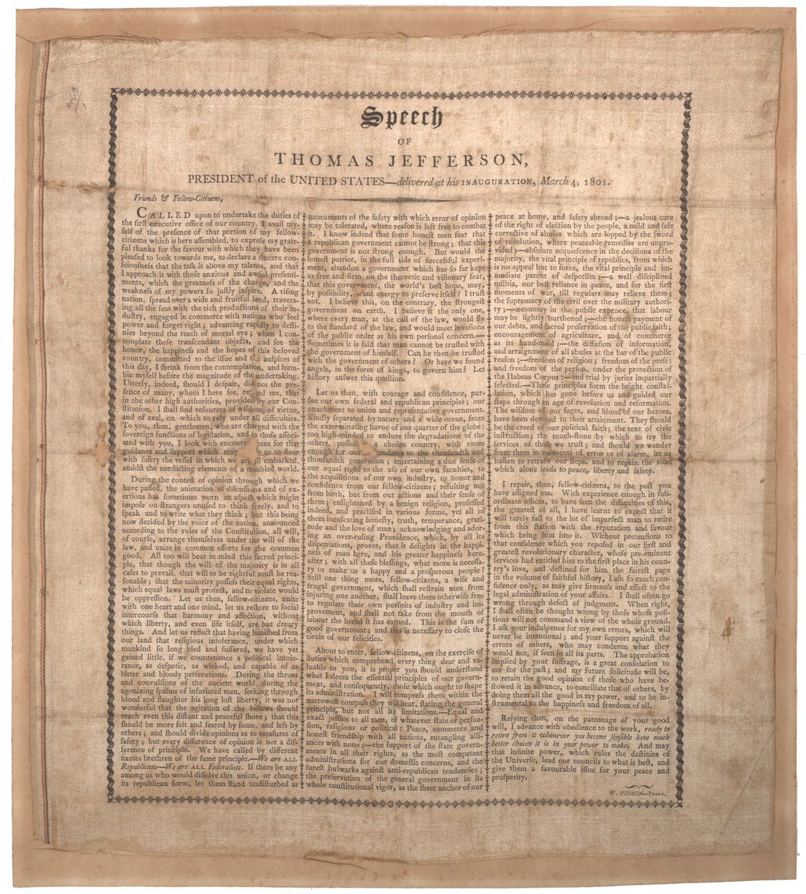 Jeffersonův první inaugurační projev, tiskl Pechin, Baltimore, 4. března 1801 (litho na hedvábí) od American School