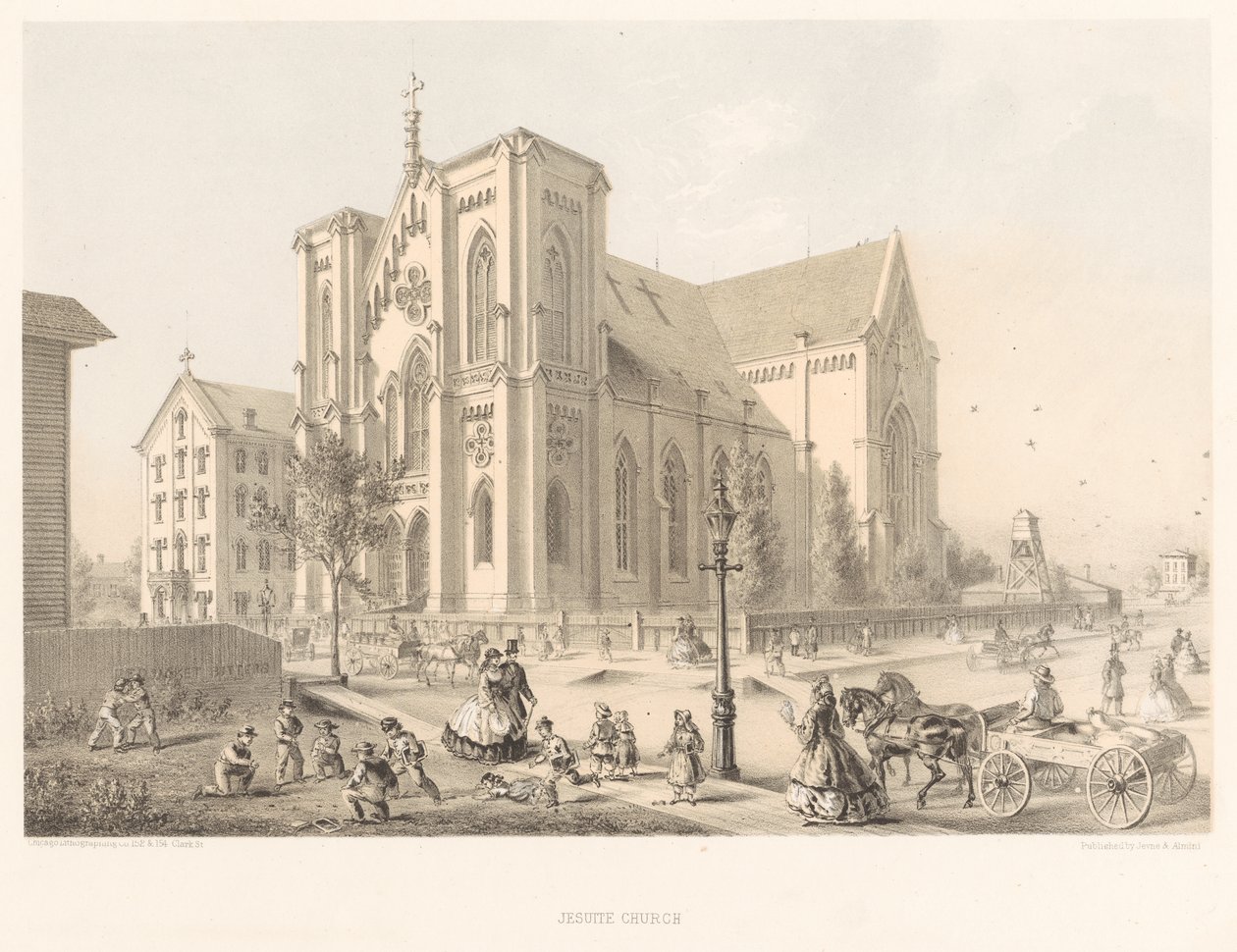 Jezuitský kostel, kostel Svaté rodiny, Chicago 1866 (litho) od American School