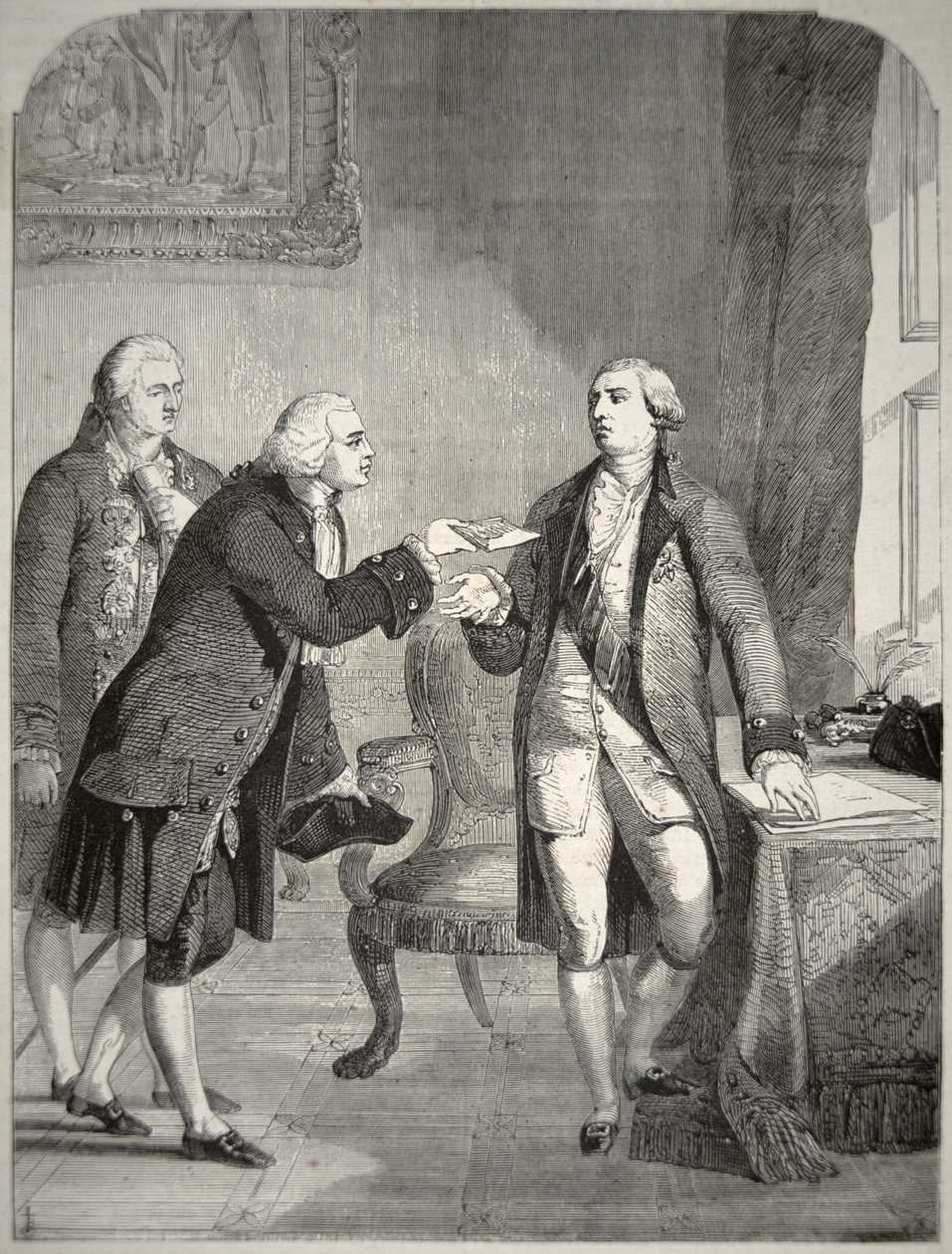 John Adams (1735-1826) jako první americký velvyslanec u anglického dvora, předal své pověřovací listiny králi Jiřímu III. (1738-1820) (litografie) od American School