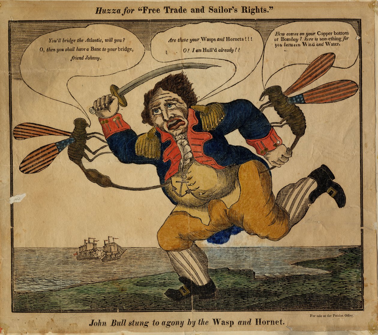 John Bull bodnutý k agónii vosou a sršní, 1813 (ručně kolorovaný reliéfní řez) od American School