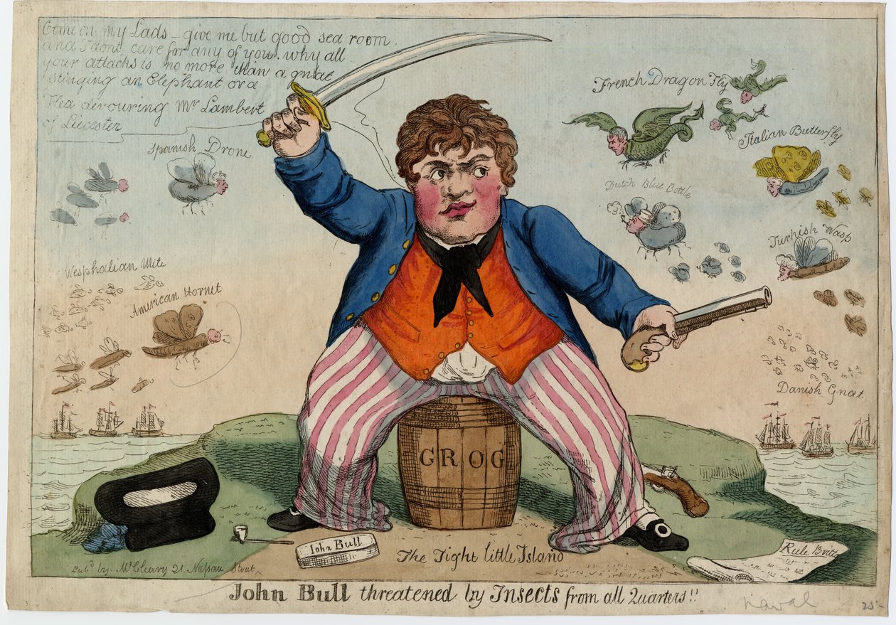 John Bull ohrožený hmyzem ze všech stran, kolem roku 1813 (ručně kolorovaný lept) od American School