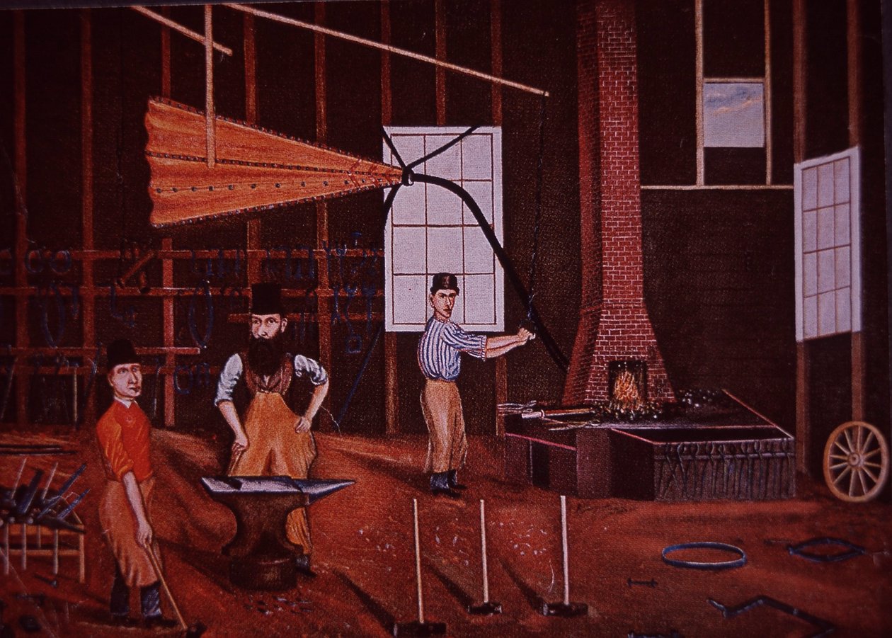 John Mohler Studebaker (uprostřed), německo-americký výrobce vozů v dílně, kolem 1858 (barevné lito) od American School