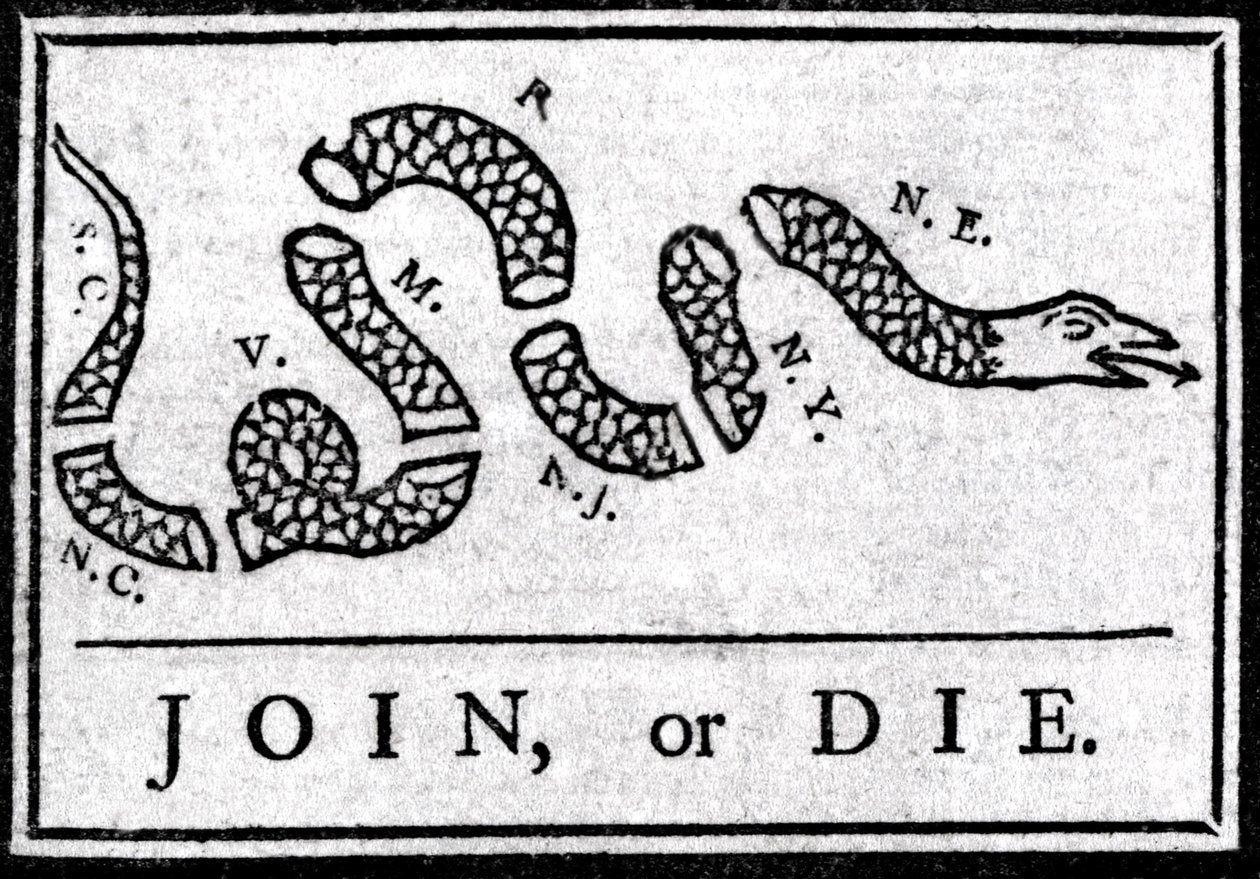 Kresba Join or Die je první politickou karikaturou publikovanou v „Pennsylvania“, Gazette od Benjamina Franklina v roce 1754. Představuje hada rozděleného do několika sekcí s legendou „“ Join or Die““. Toto je výzva k 13. americkému c od American School