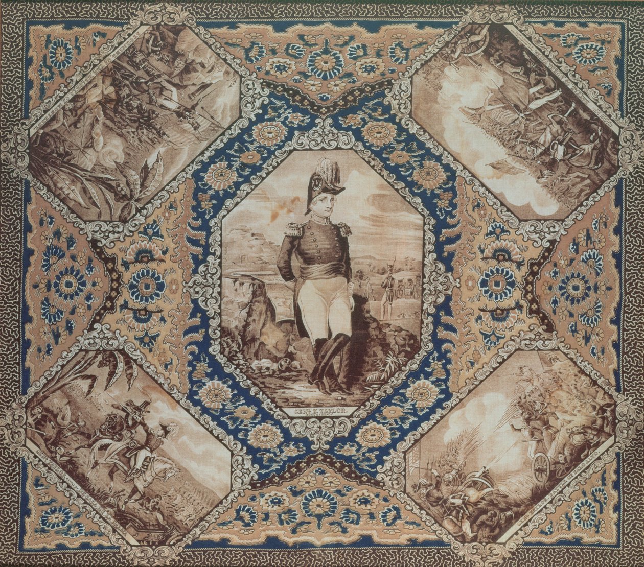 Šátek s portrétem Zacharyho Taylora a bitvy mexické války (1846-8), 1848 (bavlna) od American School