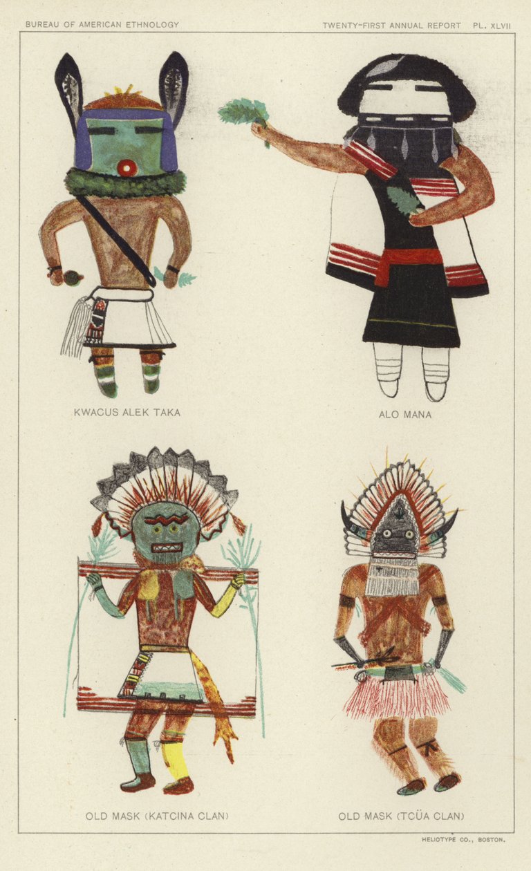 Kwacus Alek Taka, Alo Mana, Stará maska (klan Katcina), Stará maska (klan Tcua) (barevná litografie) od American School