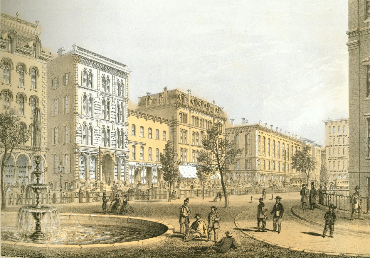 LaSalle Street z Courthouse Square, od Chicago Illustrated, s literárními popisy Jamese W. Sheahana, vydal Jevne & Almini, Chicago, 1866-67 od American School