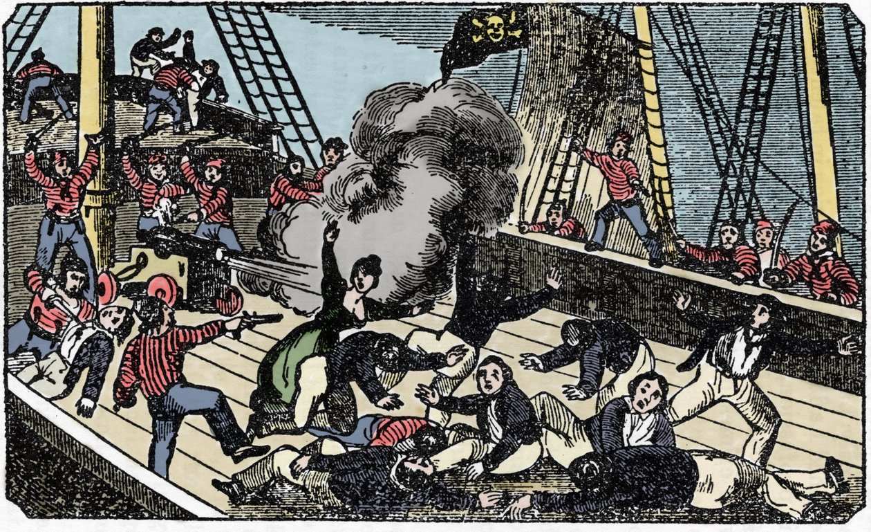 Smrt pirátského gentlemana Jeana Lafittea (1780-1826), rytina „Pirátská vlastní kniha“ 1837. od American School