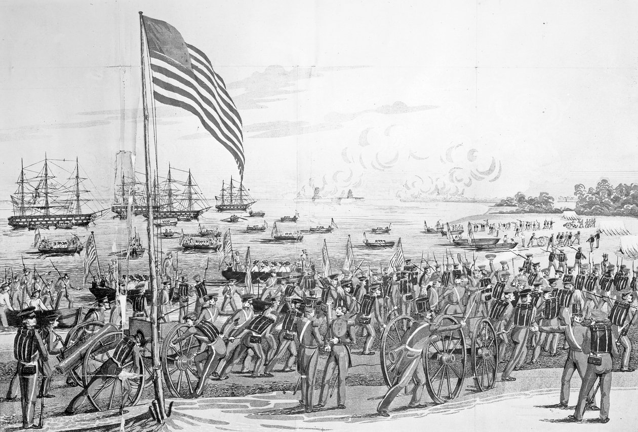 Vylodění vojsk ve Vera Cruz, Mexiko, 9. března 1847, z „Obrázkové historie Mexika“ od Johna Frosta, 1848 (viz také 115221) od American School