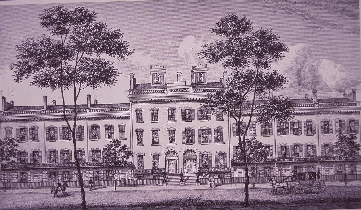 LeRoy Place v roce 1831, část toho, co je nyní Bleecker Street v Greenwich Village (rytina) od American School
