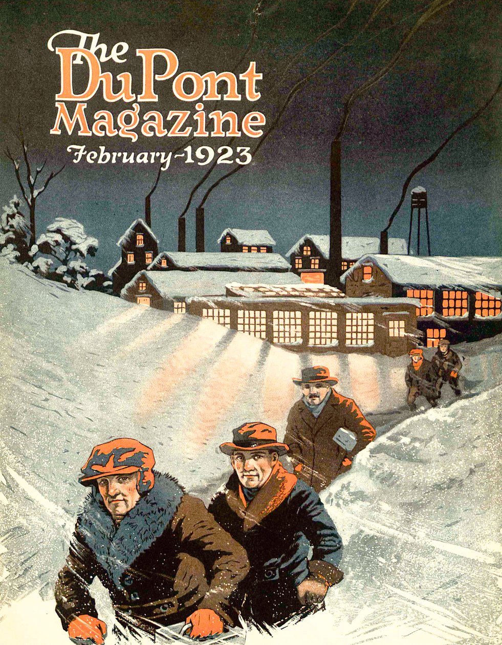 Odchod z práce na sněhu, přední strana časopisu DuPont, únor 1923 od American School