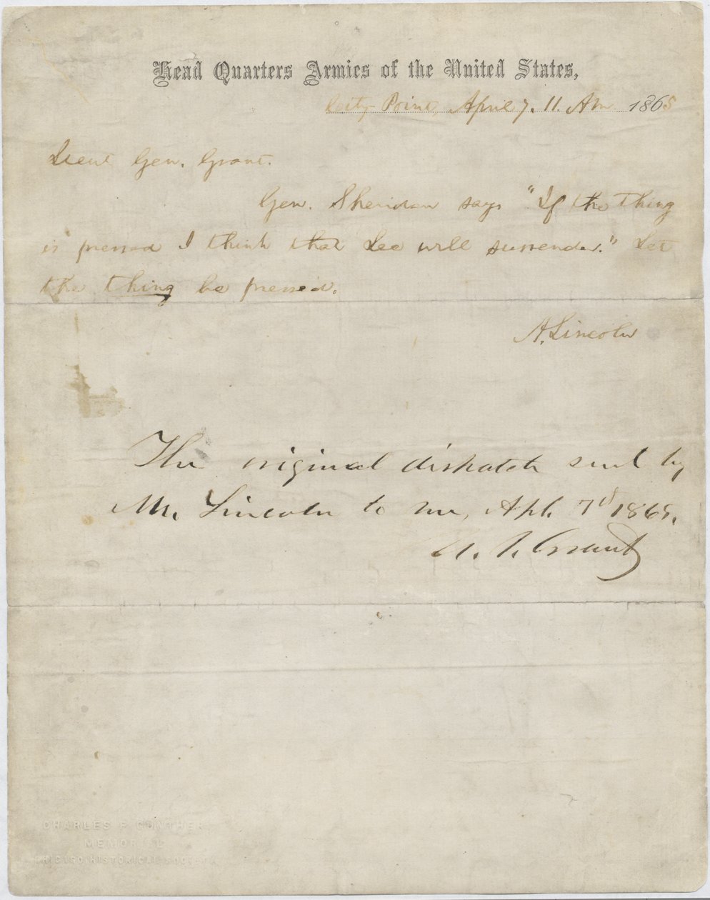 Dopis Abrahama Lincolna generálu Ulysses S. Grantovi, 7. dubna 1865 od American School
