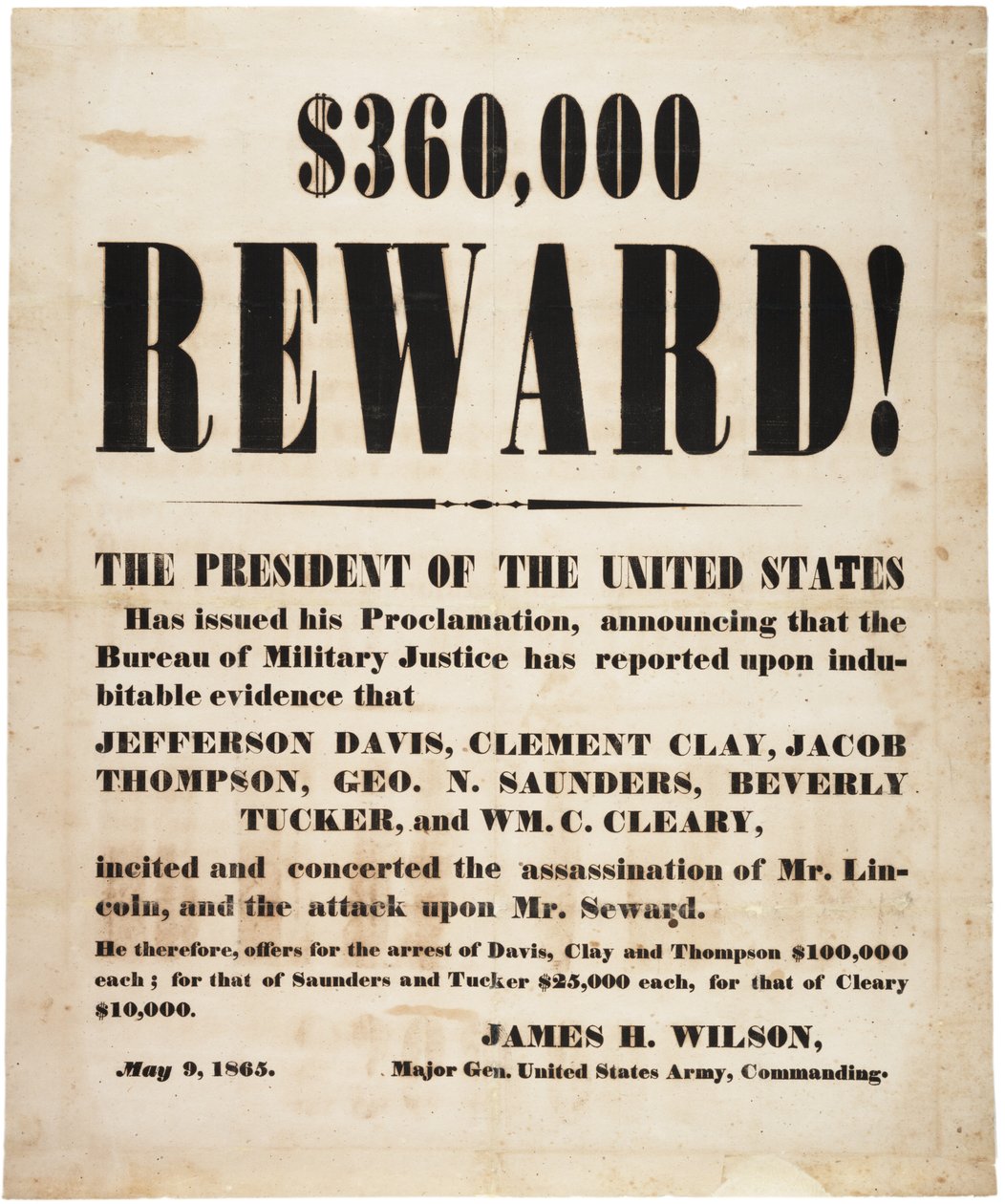 Odměna za atentát na Lincolna, 9. května 1865 od American School