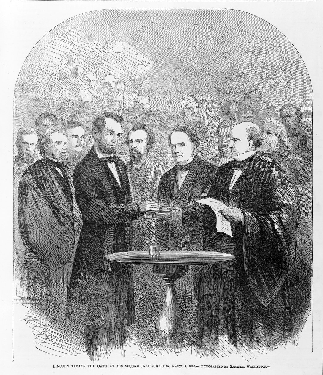 Lincoln složil přísahu na své druhé inauguraci, 4. března 1865, publikováno 1865 od American School