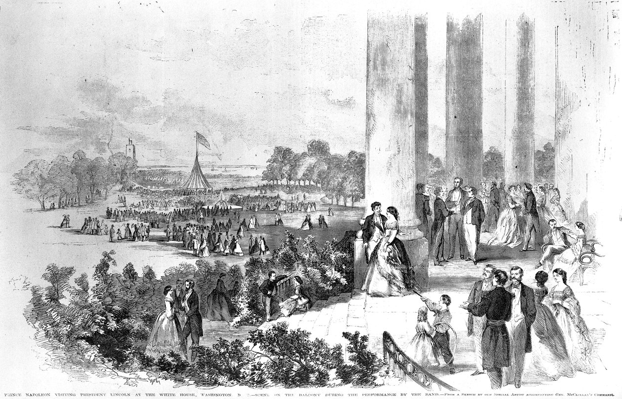 Lincolnova recepce v Bílém domě pro císaře Napoleona (1808-73) z Ilustrovaných novin Franka Leslieho 17. srpna 1861 od American School