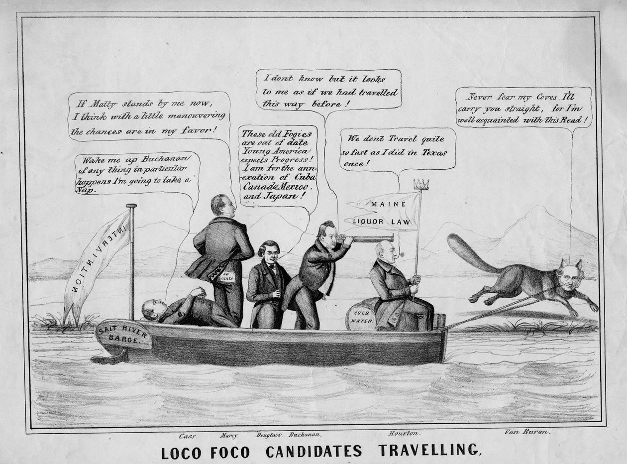 Kandidáti Loco Foco cestující po systému kanálů, publikoval J Childs, New York, kolem roku 1848 od American School
