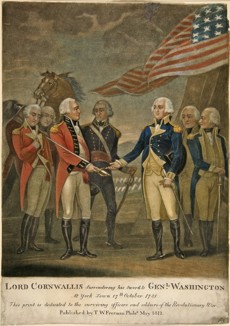 Lord Cornwallis odevzdává svůj meč Genl. Washington v York Town od American School
