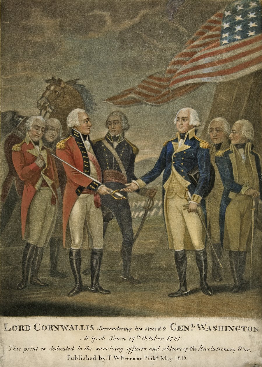 Lord Cornwallis odevzdává svůj meč Genl. Washington v York Town od American School