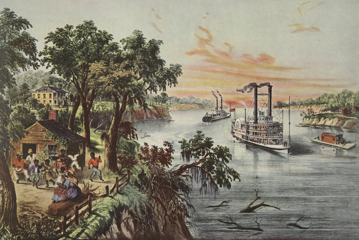 Nízká voda v Mississippi, hospoda. 1868, Currier & Ives (barevné lito) od American School