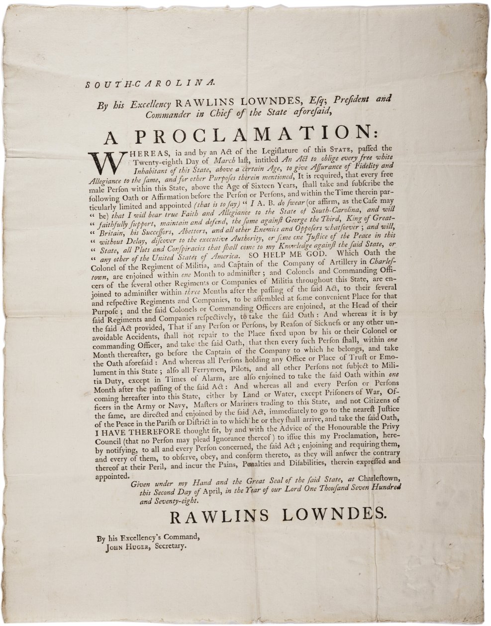 Přísaha věrnosti na ochranu nezávislosti Jižní Karolíny, 2. dubna 1778 od American School