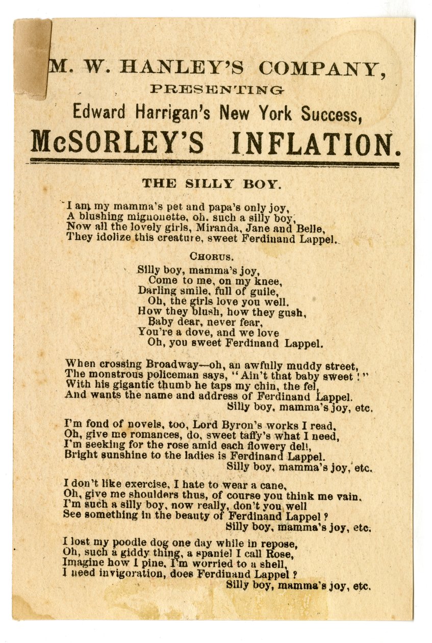 Col. M. W. Hanleys představuje Edwarda Harriganse nejnovější N. Y. Success, McSorleys Inflation [divadelní karta]. Verso, kolem roku 1882 (litografie [vizitka]) od American School