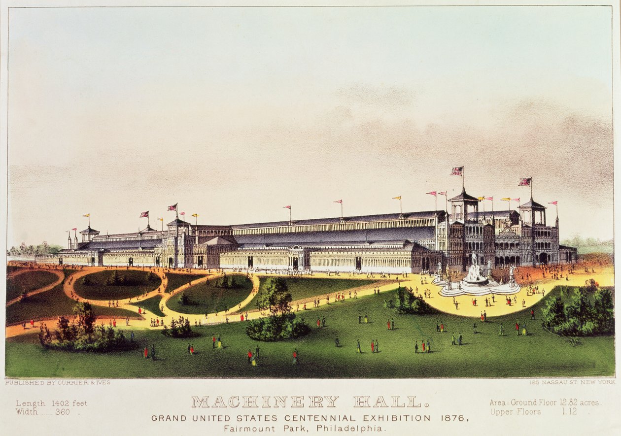 Machinery Hall, Grand United States Centennial Exhibition, Fairmount Park, publikoval Nathaniel Currier (1813-88) a James Merritt Ives (1824-95), 1876 od American School