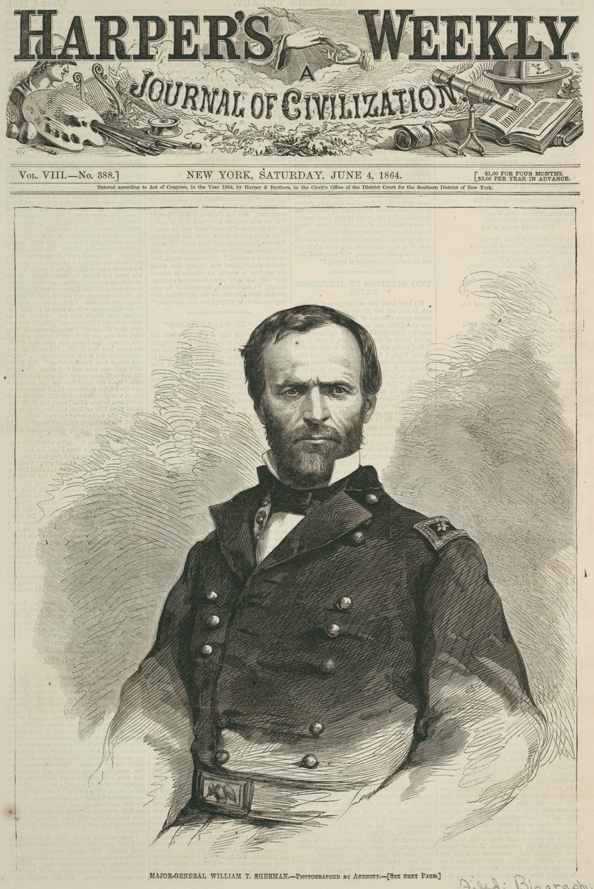 Generálmajor William T. Sherman, titulní strana Harpers Weekly, 1864 (dřevorytina) od American School