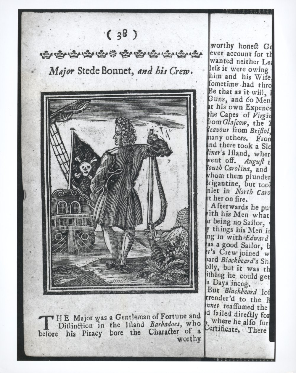 Major Stepe Bonnet, strana 38 z Historie a životy všech nejznámějších pirátů a jejich posádek, Londýn, 1725 od American School