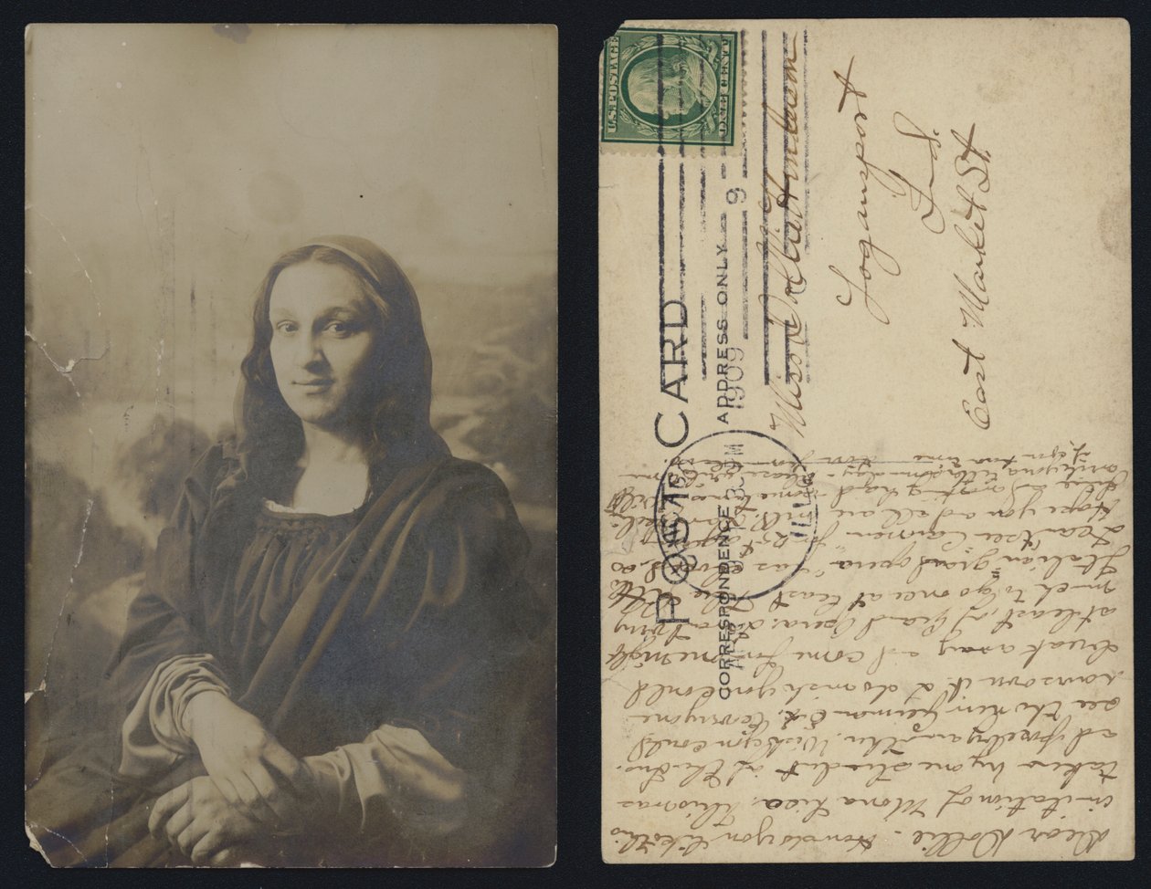 Mužská pohlednice Mona Lisa zaslaná v USA od American School
