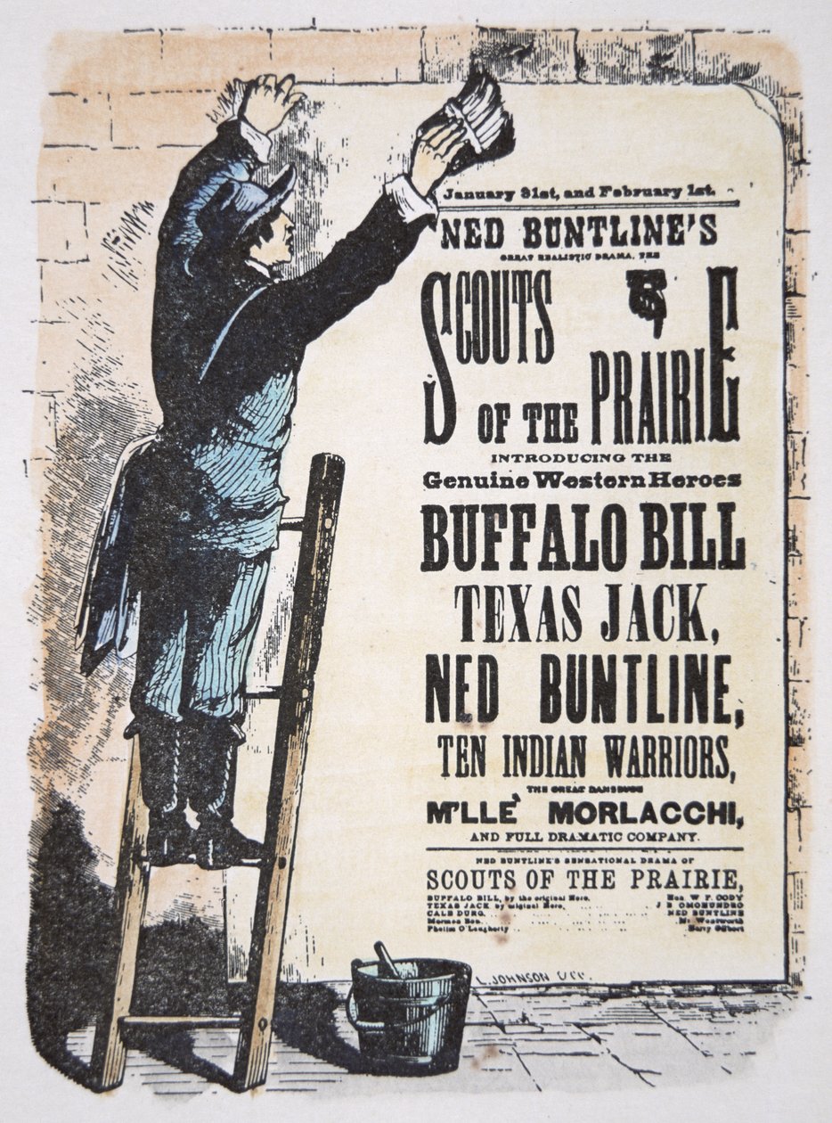 Muž vystavující účet divadla za hru „Scouts of the Prairie“ v hlavní roli Buffalo Bill Cody (1846-1917), Texas Jack (1846-79) a Ned Buntline (1823-86) kolem roku 1874 (barevná rytina) od American School