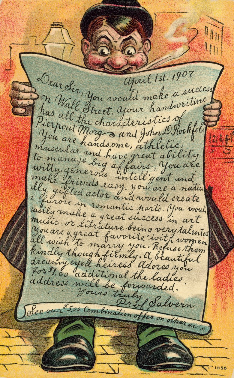 Muž čte lichotivý dopis o svých profesních vyhlídkách (barevná litografie) od American School