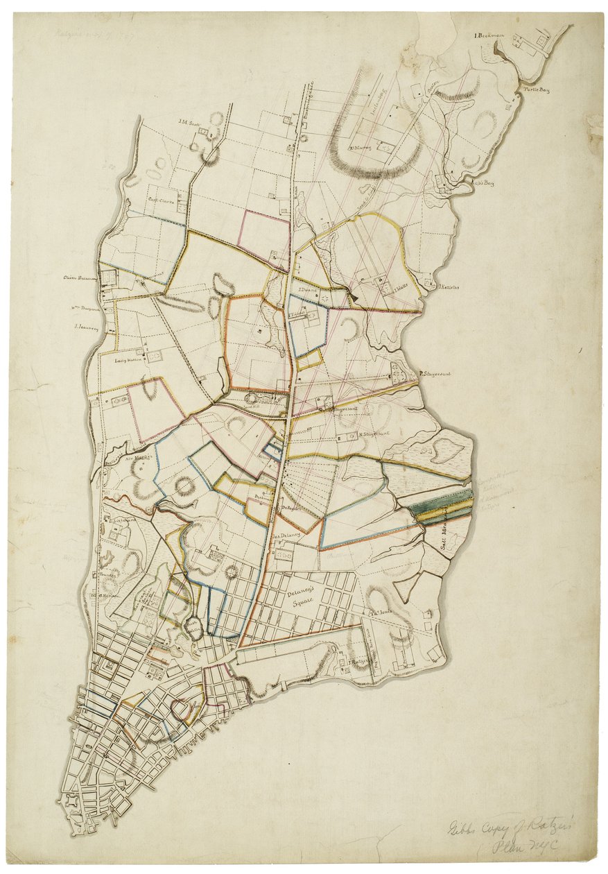Ostrov Manhattan cca 1765-1770 od baterie nad Turtle Bay, 1845 od American School