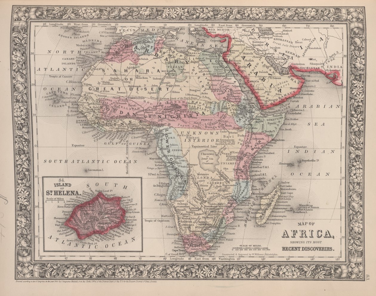 Mapa Afriky zobrazující její nejnovější objevy s ostrovem Svaté Heleny vloženým z Mitchellova nového obecného atlasu, 1863 (barevná rytina) od American School