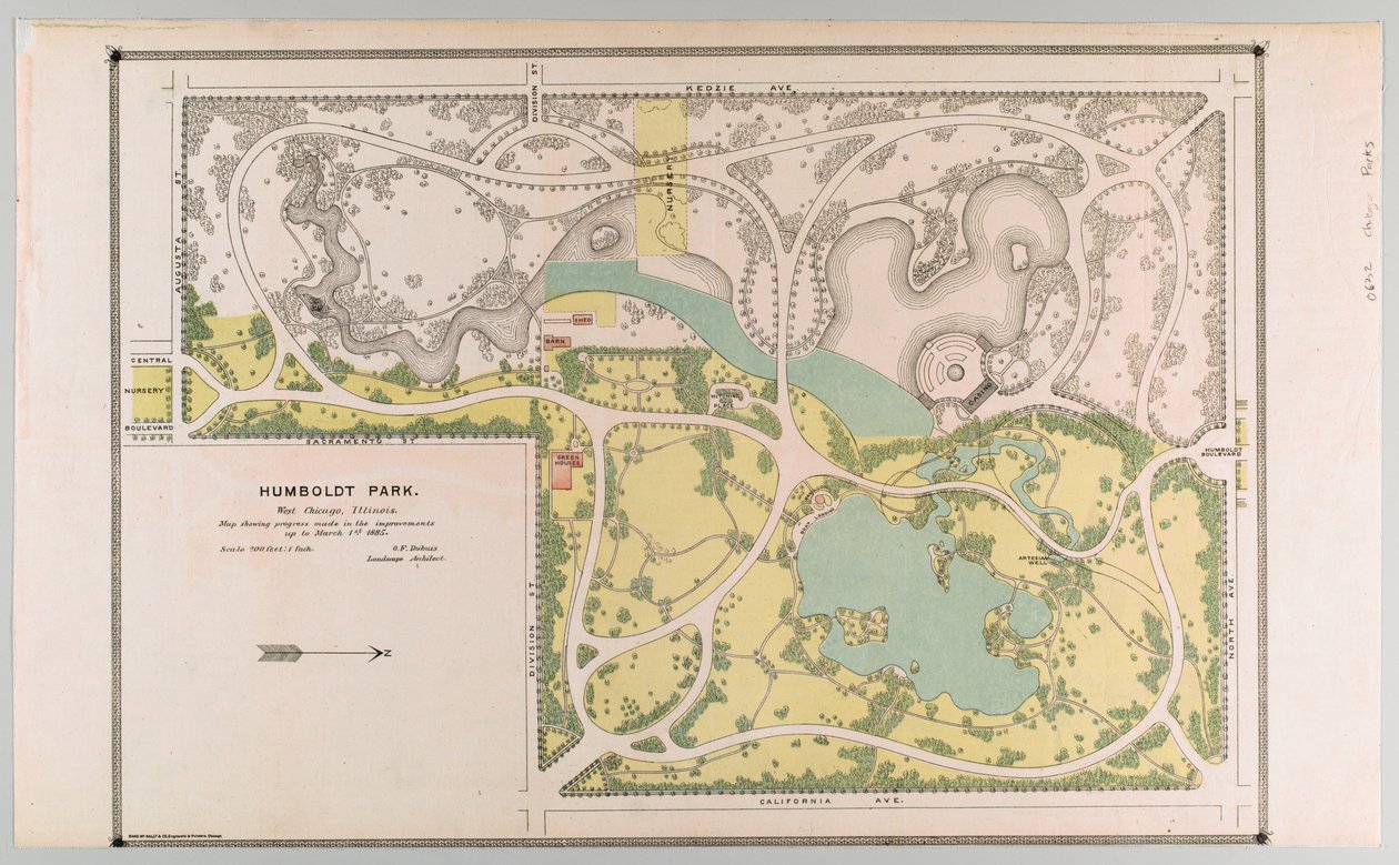 Mapa Humboldt Park zobrazující vylepšení parku, Chicago, Illinois od American School