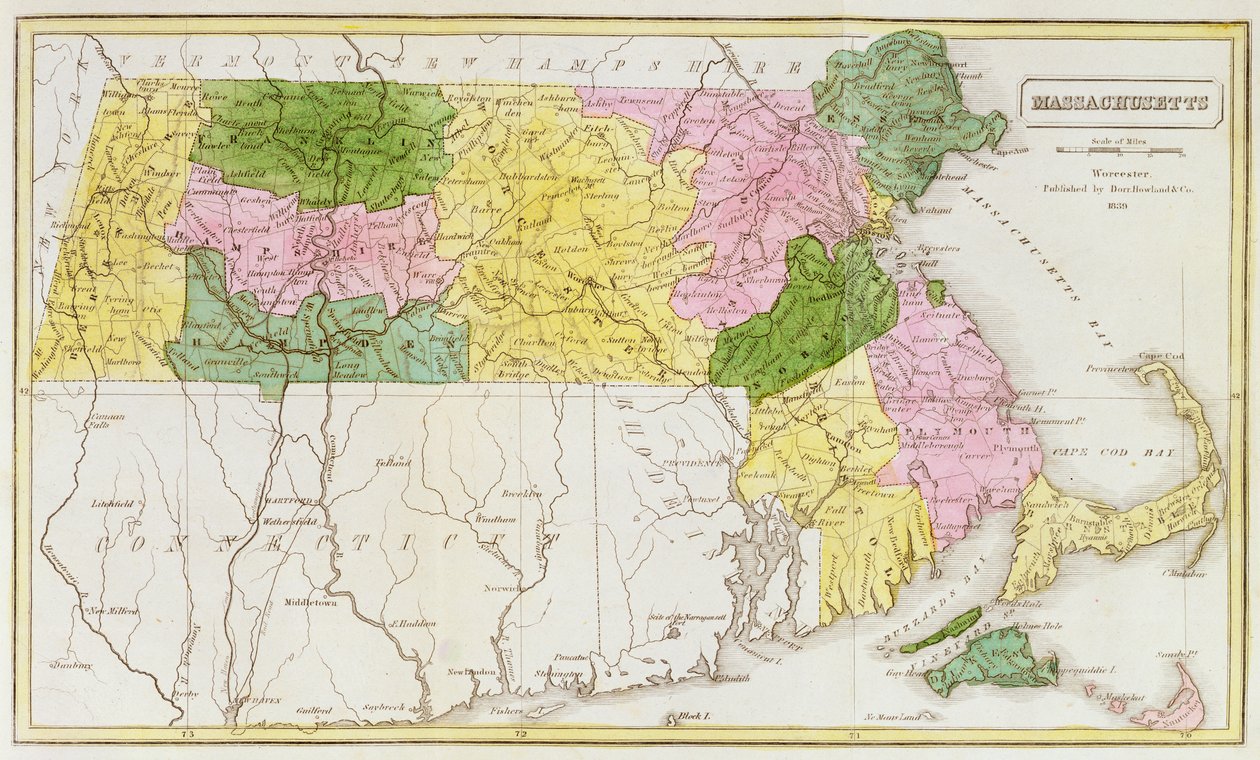 Mapa Massachusetts, z „Historických sbírek Massachusetts“, John Warren Barber, 1839 od American School