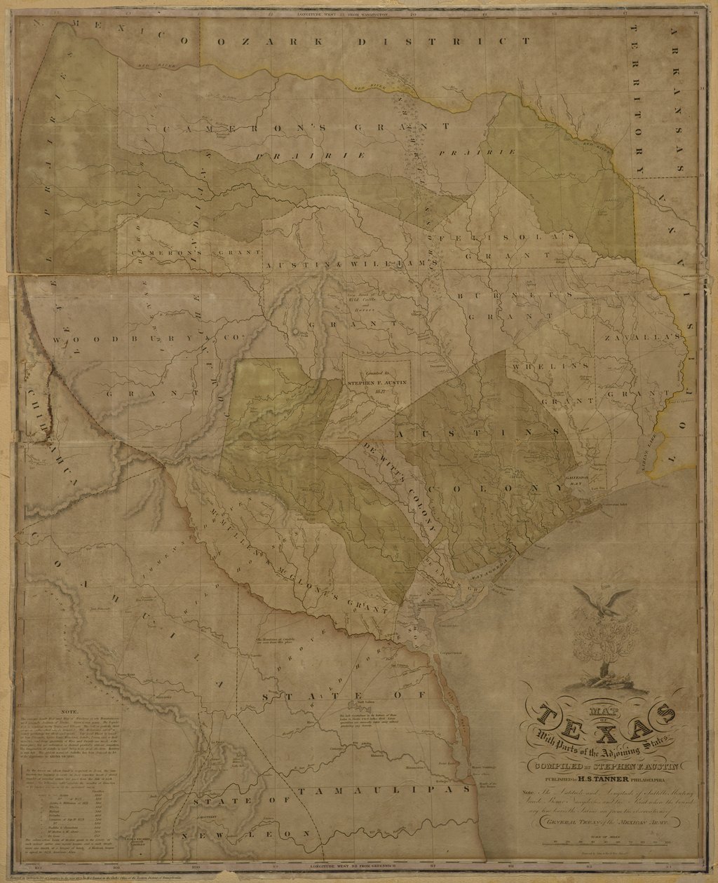 Mapa Texasu s částmi přilehlých států od American School