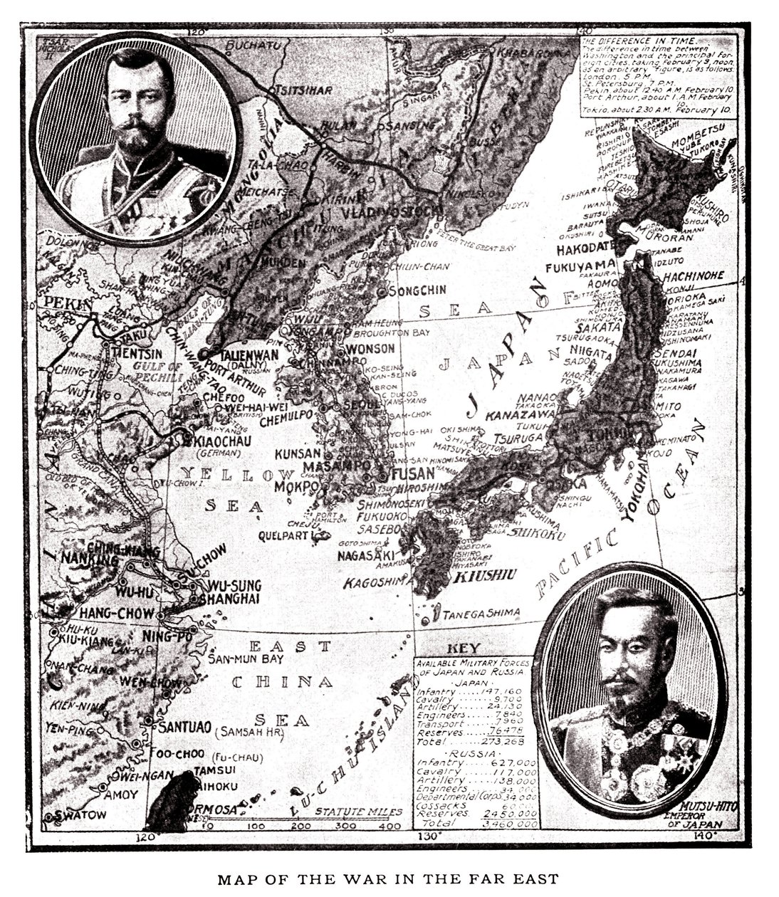 Mapa východního Ruska, Koreje a Japonska během japonsko-ruského konfliktu (1904-1905). V medailonu ruský car Mikuláš II. (1868-1918) a japonský císař Meidži (1852-1912). Ilustrace, v knize "Rusko a Japonsko a kompletní dějiny války ve od American School