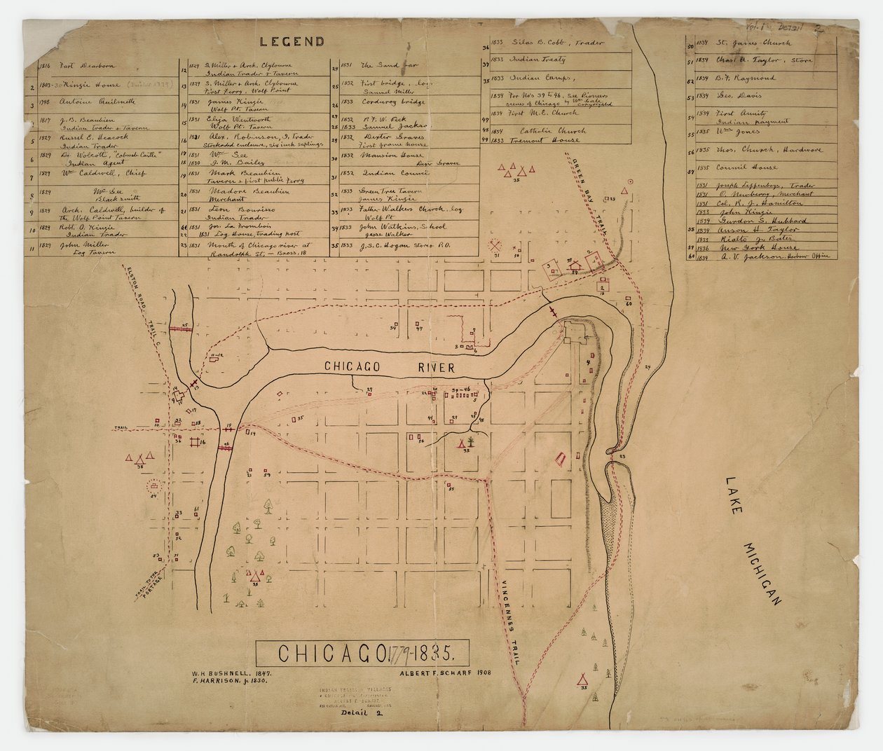 Mapa historických domů a míst v Chicagu, Illinois, c.1835 od American School