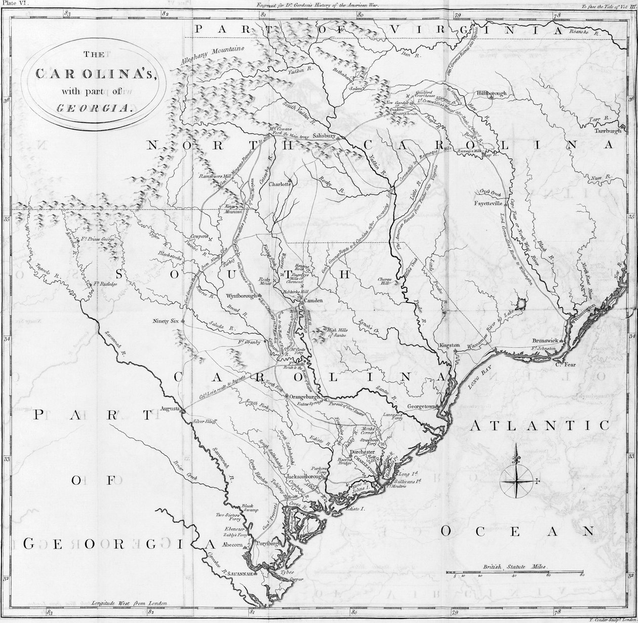 Mapa Karolíny s částí Gruzie od American School