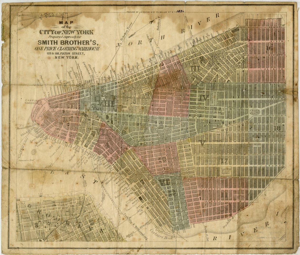 Mapa města New York: připravena speciálně pro Smith Brother?s, sklad oblečení za jednu cenu... připravil J.H. Colton & Co., 1854-1869 (černý a barevný inkoust na papíře) od American School