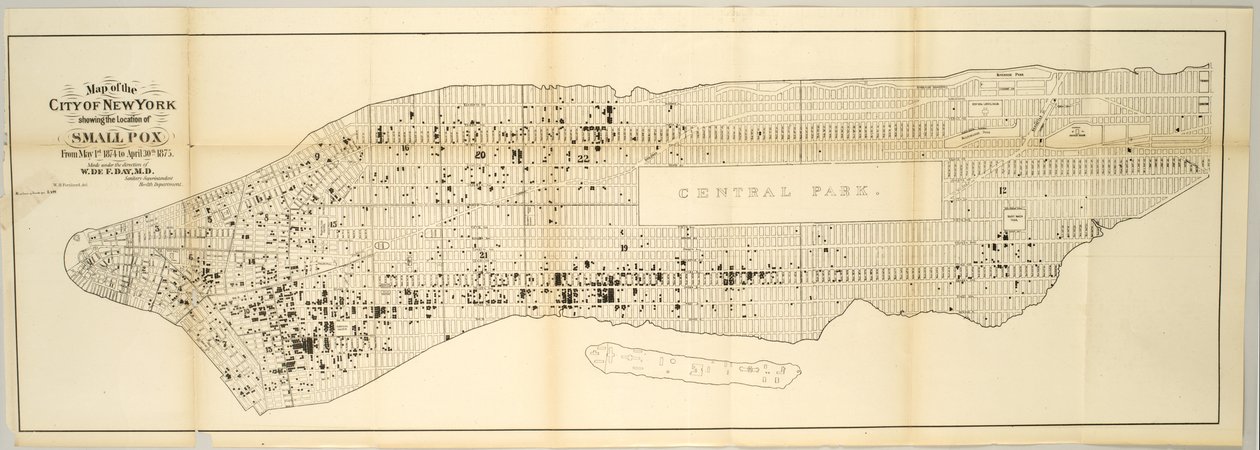 Mapa města New York zobrazující umístění neštovic od 1. května 1874 do 30. dubna 1875. od American School