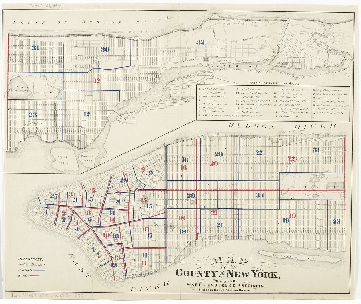 Mapa hrabství New York, zobrazující oddělení a policejní okrsky a umístění nádražních domů., 1870 (inkoust na papíře) od American School