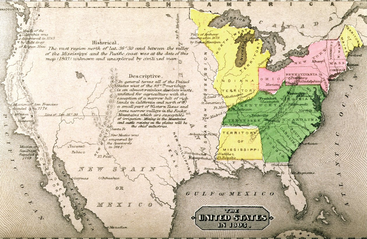 Mapa Spojených států v roce 1803, z „Naše celá země: Minulost a současnost Spojených států, historické a popisné“, od Johna Warnera Barbera a Henryho Harea, 1861 od American School