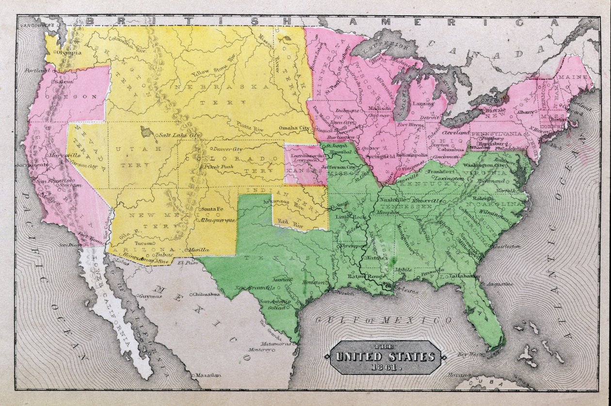 Mapa Spojených států v roce 1861, z „Naše celá země: Minulost a současnost Spojených států, historické a popisné“, od Johna Warnera Barbera a Henryho Harea, 1861 od American School