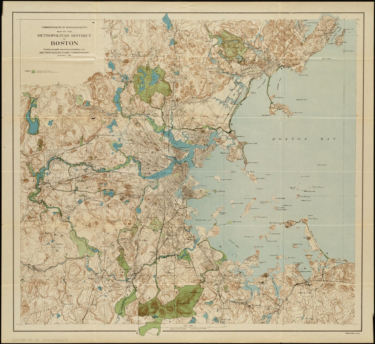 Mapa metropolitní čtvrti Boston, Massachusetts: zobrazující místní veřejné rezervace a držení Metropolitan Park Commission, 1901 od American School