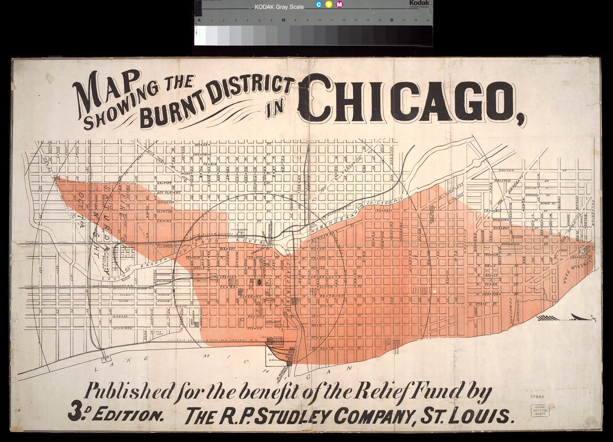 Mapa znázorňující Burnt District v Chicagu, kolem roku 1872 od American School